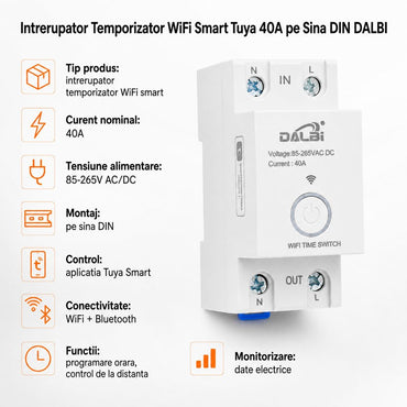 Intrerupator Temporizator WiFi Smart Tuya 40A pe Sina DIN