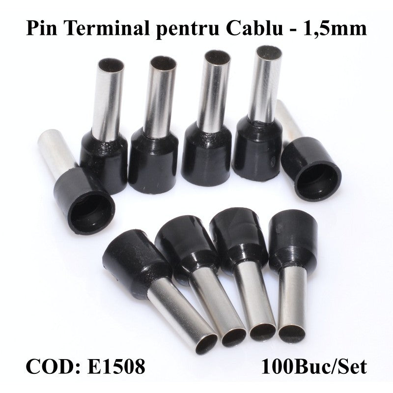 Pin Terminal de Cablu E1508 Negru, 100Buc/Set