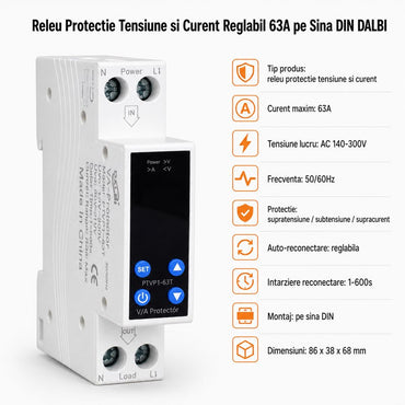 Releu Protectie Tensiune si Curent Reglabil 63A pe Sina DIN