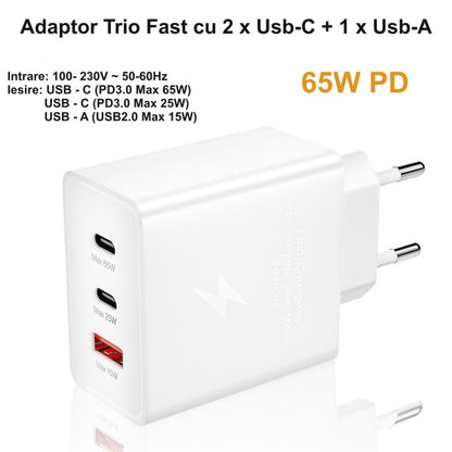 Incarcator Rapid 65W PD Trio, 2 x Tip C + Usb 2.0