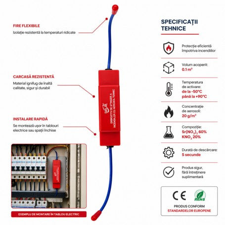 DISPOZITIV AUTOMAT DE STINGERE INCENDII PENTRU TABLOURI ELECTRICE, AEROSOL TERMIC 0,1 M³