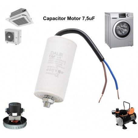 CONDENSATOR MOTOR CU SURUB SI FIRE - 7,5UF/450V