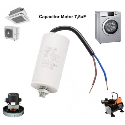CONDENSATOR MOTOR CU SURUB SI FIRE - 7,5UF/450V