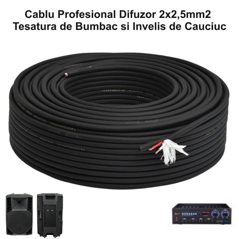 Cablu Audio Prof Rotund 2x2,5mm cu Bumbac / 8mm - 100m/Rol