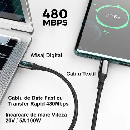 Cablu PD 100W - Tip C cu Afisaj Digital 480Mbps / 1,2m