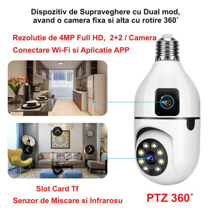 Camera de Supraveghere cu IP, Dual View PTZ 360˚ si Fixa - E27 / V380 Pro