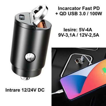 Incarcator Auto Slim Tip C Fast / Usb-PD - 100W-CC-326