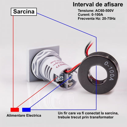 Indicator Digital 3 in 1 Galben AC, Voltmetru, Ampermetru, Frecventa