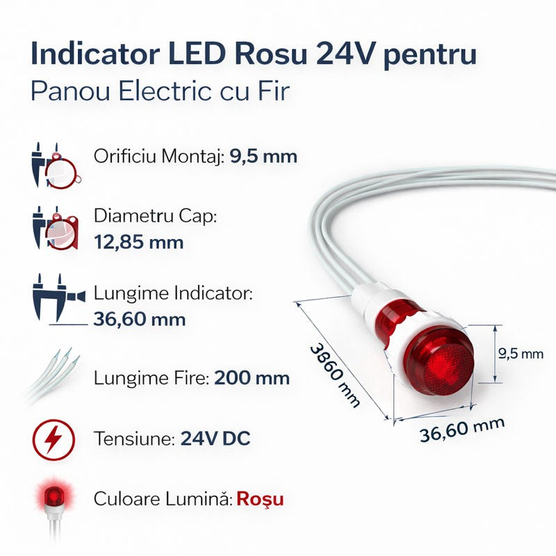 Indicator LED Rosu 24V DC Panou 9,5mm cu Fire 20Cm, Set 10 Bucati
