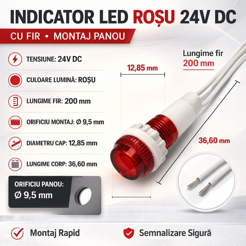 Indicator LED Rosu 24V DC Panou 9,5mm cu Fire 20Cm, Set 10 Bucati