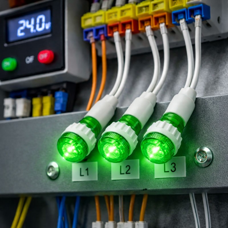 Indicator LED Verde 24V DC Panou 9,5mm cu Fire 20cm Set 10 Bucati