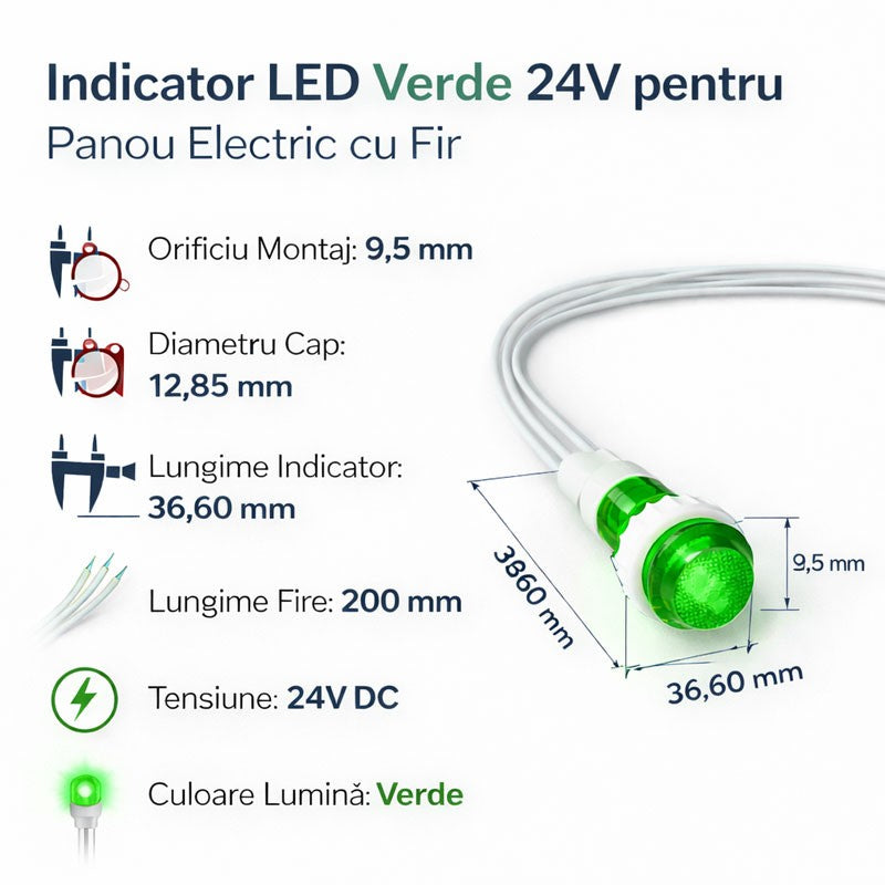 Indicator LED Verde 24V DC Panou 9,5mm cu Fire 20cm Set 10 Bucati