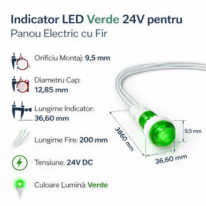 Indicator LED Verde 24V DC Panou 9,5mm cu Fire 20cm Set 10 Bucati