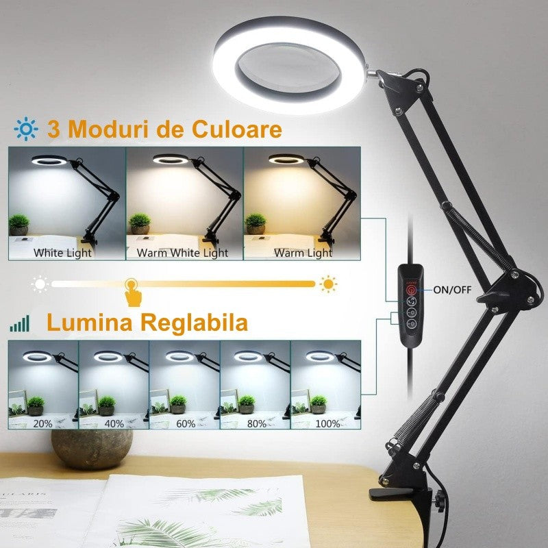 Lupa de Marit 10X din Sticla cu Cleste de Prindere si 3 Culori de Lumina Reglabila MG-1092