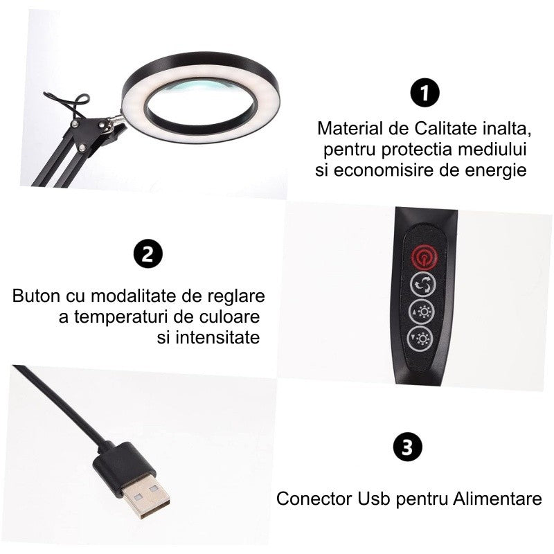 Lupa de Marit 10X din Sticla cu Cleste de Prindere si 3 Culori de Lumina Reglabila MG-1092