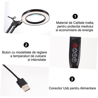Lupa de Marit 10X din Sticla cu Cleste de Prindere si 3 Culori de Lumina Reglabila MG-1092