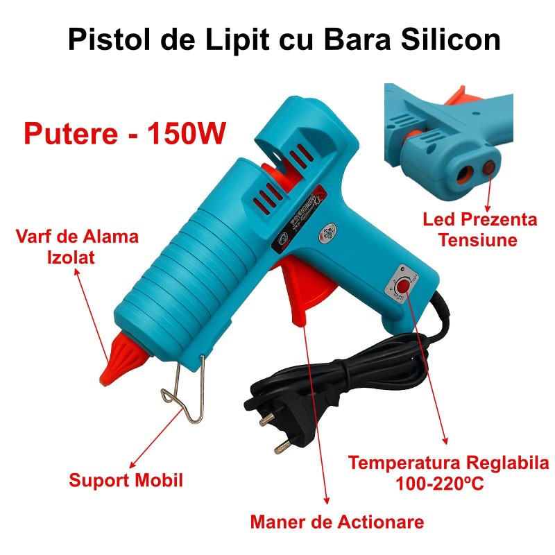 Pistol de Lipit 150W cu Temperatura Reglabila 100-220 Grade cu Bara Silicon 11mm / HJ019