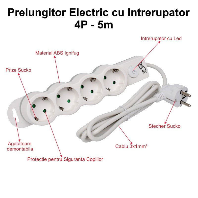 Prelungitor Electric cu Intrerupator, 4 Prize si Protectie Copii, Cablu 3x1mm / 5m
