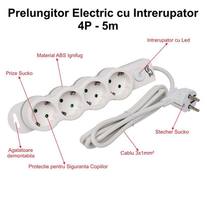 Prelungitor Electric cu Intrerupator, 4 Prize si Protectie Copii, Cablu 3x1mm / 5m