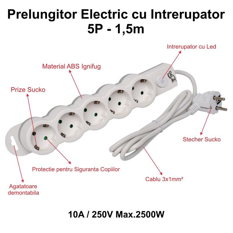 Prelungitor Electric cu Intrerupator, 5 Prize si Protectie Copii, Cablu 3x1mm / 1,5m
