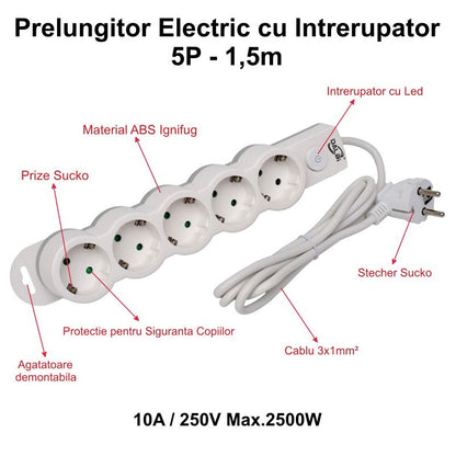 Prelungitor Electric cu Intrerupator, 5 Prize si Protectie Copii, Cablu 3x1mm / 1,5m