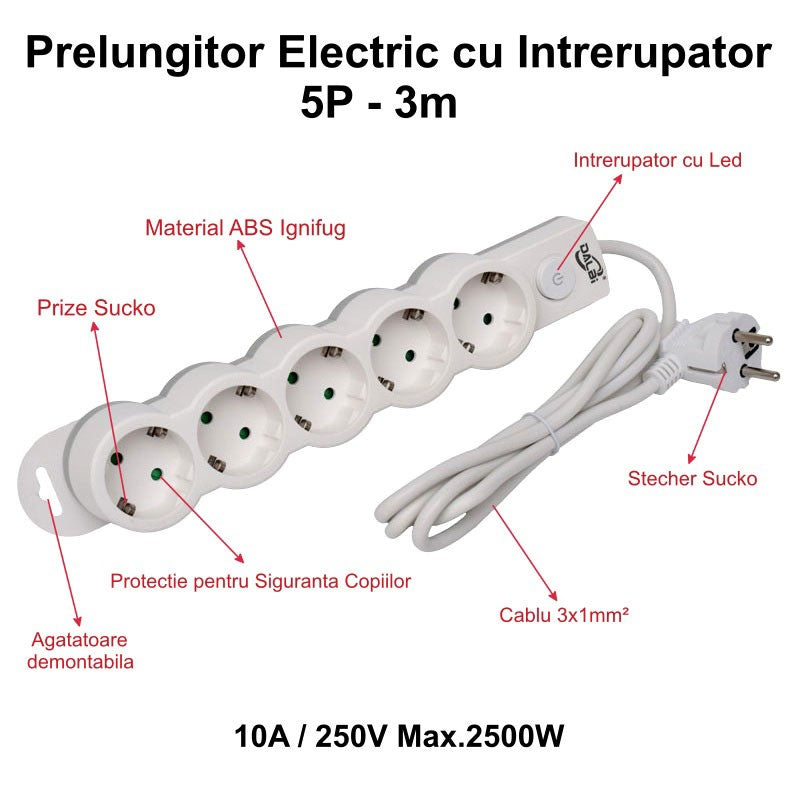 Prelungitor Electric cu Intrerupator, 5 Prize si Protectie Copii, Cablu 3x1mm / 3m