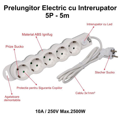 Prelungitor Electric cu Intrerupator, 5 Prize si Protectie Copii, Cablu 3x1mm / 5m