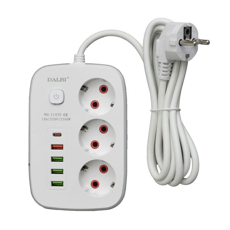 Prelungitor Multifunctional 3 prize - 2m cu 4 x USB 2,1A - PD si Intrerupator