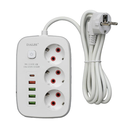 Prelungitor Multifunctional 3 prize - 2m cu 4 x USB 2,1A - PD si Intrerupator