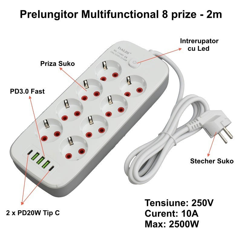 Prelungitor Multifunctional 8 prize - 2m cu 3 x USB 2,1A - 2 x PD si Intrerupator