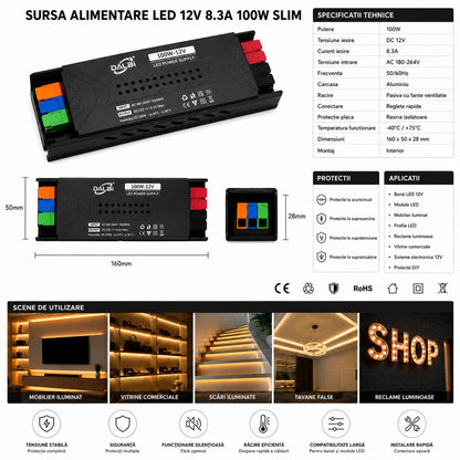 Sursa Alimentare LED 12V 100W 8.3A Slim cu Conectare Rapida Push-In