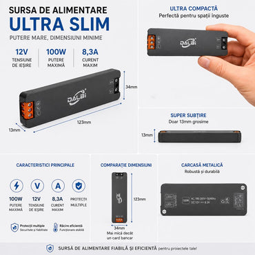 Sursa Alimentare LED 12V 100W 8.3A Ultra Slim 13mm