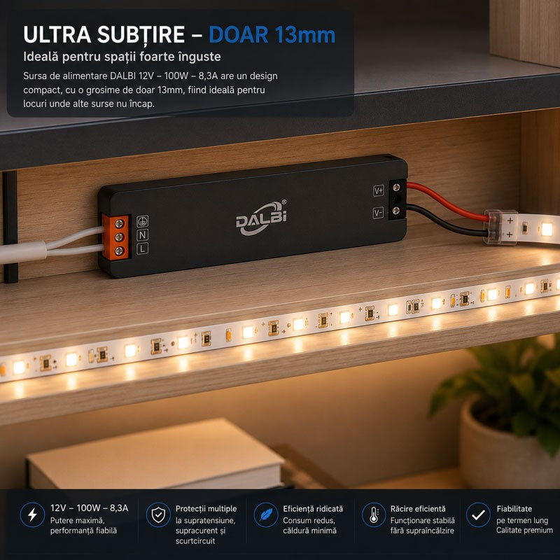 Sursa Alimentare LED 12V 100W 8.3A Ultra Slim 13mm