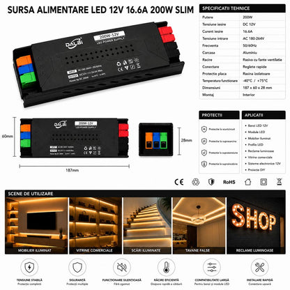 Sursa Alimentare LED 12V 200W 16.6A Slim cu Conectare Rapida Push-In
