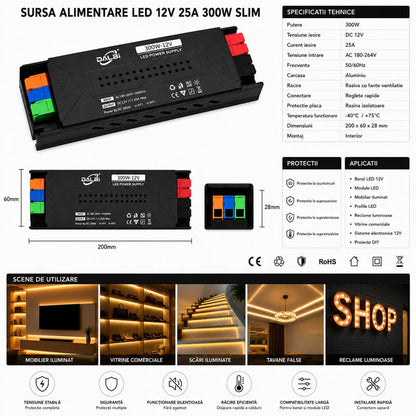 Sursa Alimentare LED 12V 300W 25A Slim cu Conectare Rapida Push-In