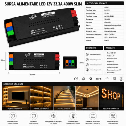Sursa Alimentare LED 12V 400W 33.3A Slim cu Conectare Rapida Push-In