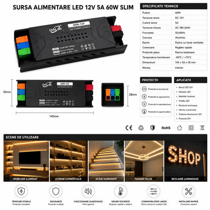 Sursa Alimentare LED 12V 60W 5A Slim cu Conectare Rapida Push-In