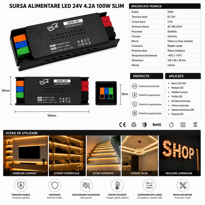 Sursa Alimentare LED 24V 100W 4.2A Slim cu Conectare Rapida Push-In