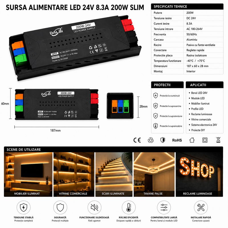 Sursa Alimentare LED 24V 200W 8.3A Slim cu Conectare Rapida Push-In