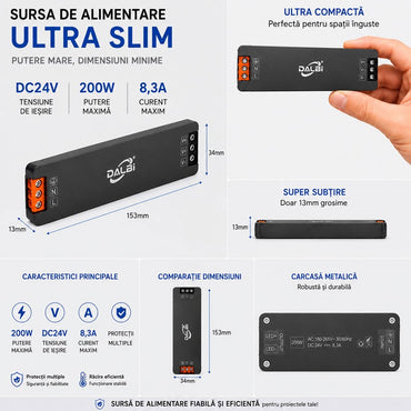 Sursa Alimentare LED 24V 200W 8A Ultra Slim 13mm