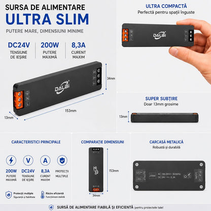 Sursa Alimentare LED 24V 200W 8A Ultra Slim 13mm