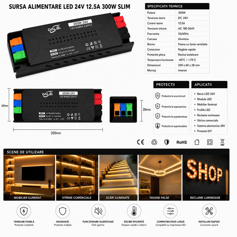 Sursa Alimentare LED 24V 300W 12.5A Slim cu Conectare Rapida Push