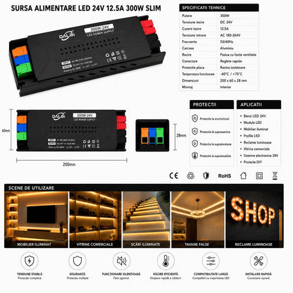 Sursa Alimentare LED 24V 300W 12.5A Slim cu Conectare Rapida Push