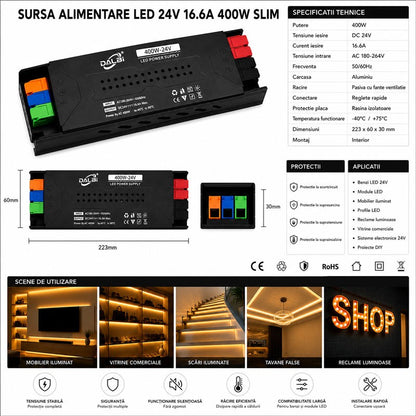 Sursa Alimentare LED 24V 400W 16.6A Slim cu Conectare Rapida Push-In