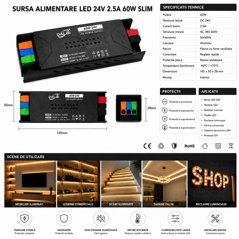 Sursa Alimentare LED 24V 60W 2.5A Slim cu Conectare Rapida Push-In