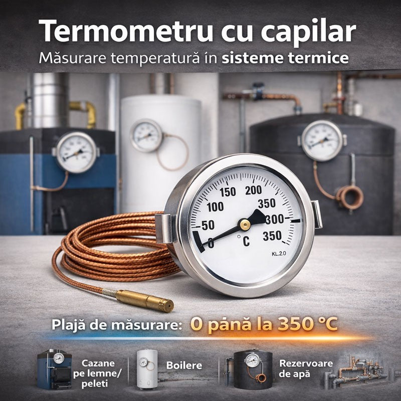 Termometru cu capilar metalic 0–350˚C pentru monitorizarea temperaturii in instalatii termice, cazane si boilere