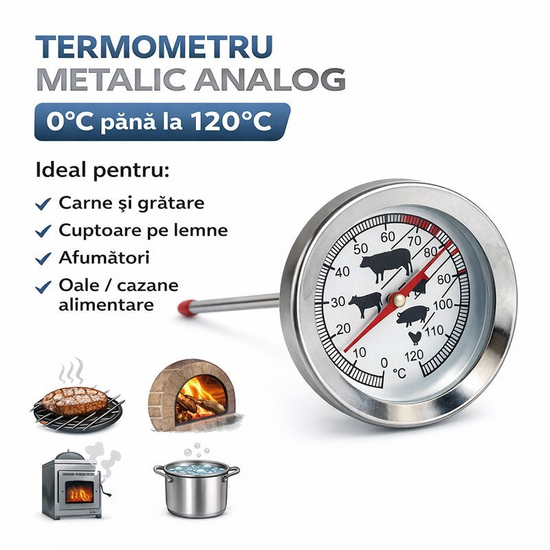 Termometru Metalic Analog cu Tija 0–120 grade Celsius pentru Gratar, Cuptor si Afumatoare - HoReCa