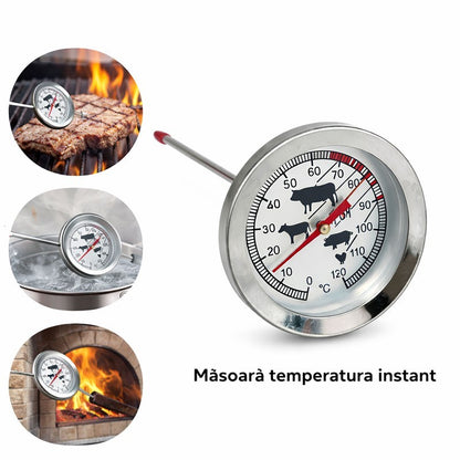 Termometru Metalic Analog cu Tija 0–120 grade Celsius pentru Gratar, Cuptor si Afumatoare - HoReCa