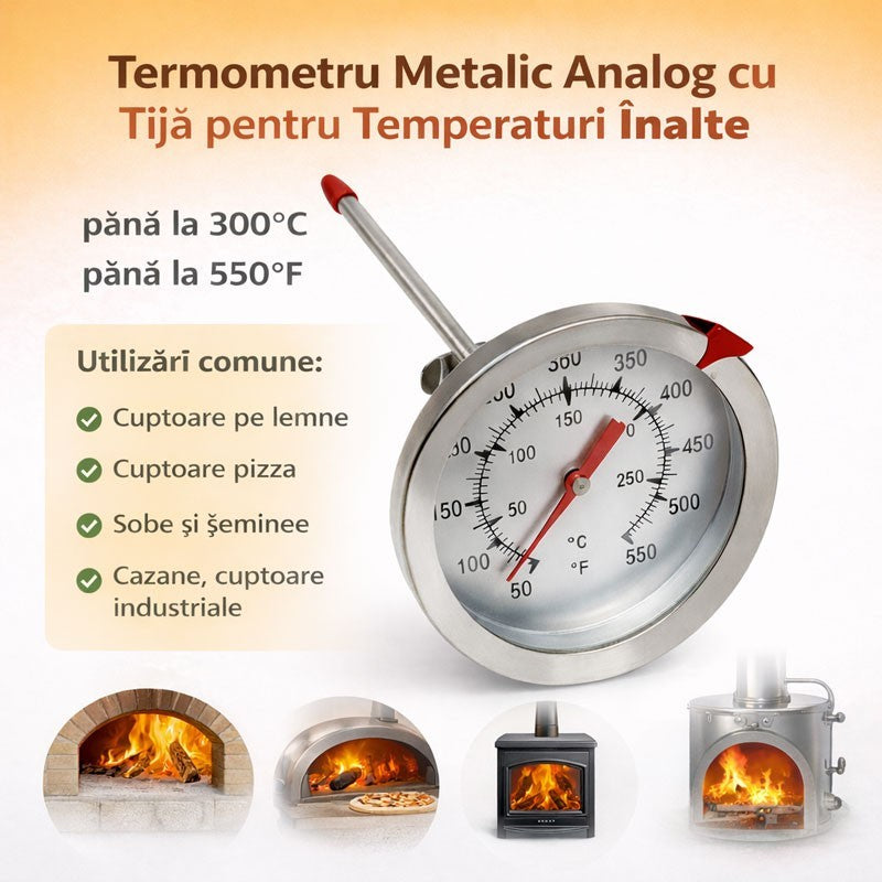 Termometru Metalic Analog cu Tija pentru Temperaturi Inalte pană la 300 grade Celsius cu Tija 120 mm – Cuptoare si HoReCa