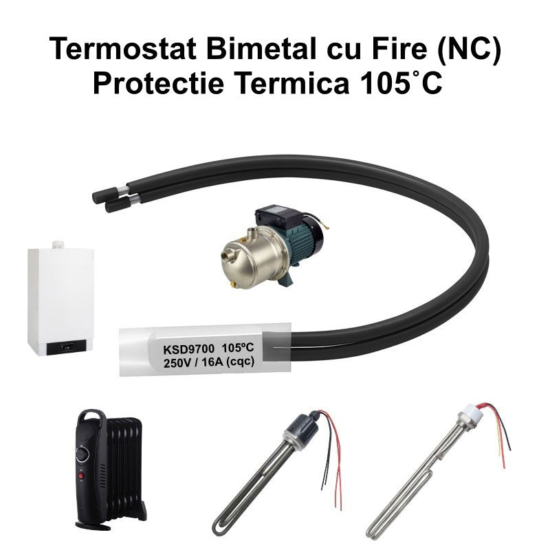 Termostat Temperatura 105˚C cu Fire, Bimetal KSD9700 NC, 250/16A